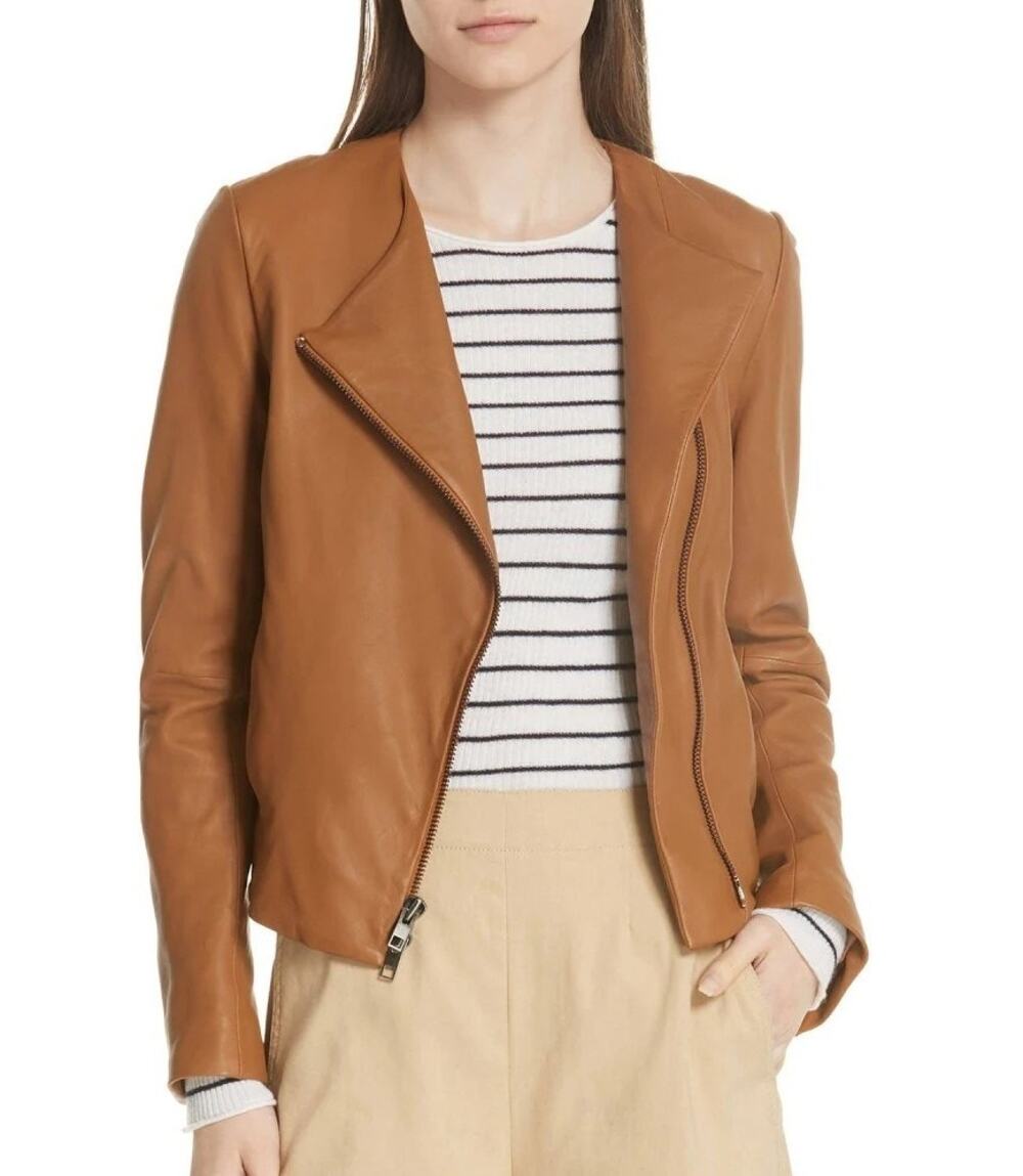 Vince Lamb Leather Moto Jacket Womens Size XS Walnut Camel Old Money Luxury Fall